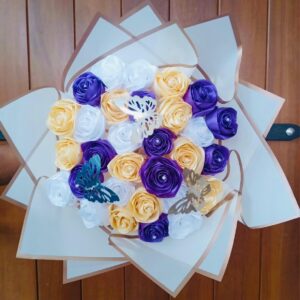 Ribbon Flower Bouquet – Purple / Yellow / White (30 Flowers with 3 Butterflies) – Code: GZ004 💜💛🤍🦋