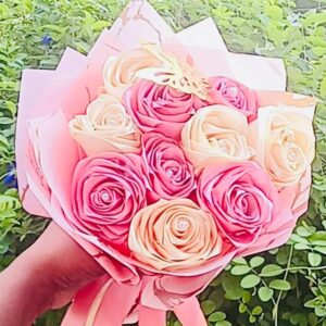Ribbon Flower Bouquet – Beige & Pink (10 Flowers with 1 Butterfly) – Code: GZ006 🤍🌸🦋