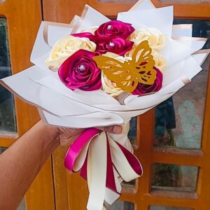 Ribbon Flower Bouquet – Beige & Burgundy (10 Flowers with 1 Butterfly) – Code: GZ007 🤍🍷🦋