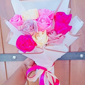 Ribbon Flower Bouquet – Pink / Beige / Rose / Bronze (10 Flowers) – Code: GZ008 🌸🤍🌹✨