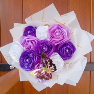 Ribbon Flower Bouquet – Purple / White / Mauve (10 Flowers with 1 Butterfly) – Code: GZ009 💜🤍🌸🦋