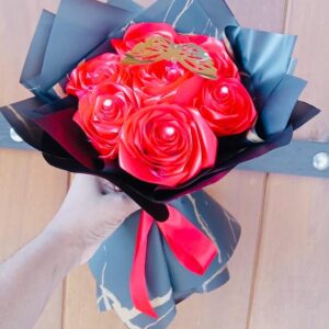 Ribbon Flower Bouquet – Red (7 Flowers with 1 Butterfly) – Code: GZ016 ❤️🦋