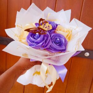 Ribbon Flower Bouquet – Lilac & Beige (7 Flowers with 1 Butterfly) – Code: GZ017 💜🤍🦋