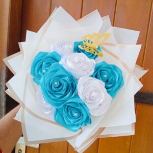 Ribbon Flower Bouquet – Aqua & White (10 Flowers with 1 Butterfly) – Code: GZ018 💧🤍🦋