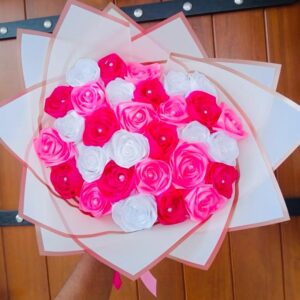 Ribbon Flower Bouquet – Red / White / Pink (30 Flowers) – Code: GZ024 ❤️🤍🌸