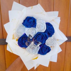 Glitter Flower Bouquet – Royal Blue & Rainbow White (10 Flowers with 1 Butterfly) – Code: GZ026 💙🌈🦋✨