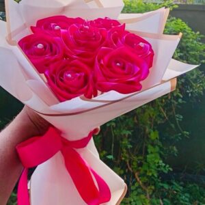 Ribbon Flower Bouquet – Ruby Red (7 Flowers) – Code: GZ012 ❤️✨